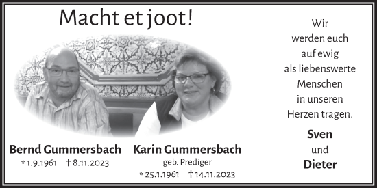 Anzeige von Karin Gummersbach von  Bergisches Handelsblatt 