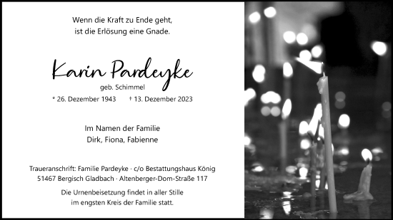 Anzeige von Karin Pardeyke von Kölner Stadt-Anzeiger / Kölnische Rundschau / Express