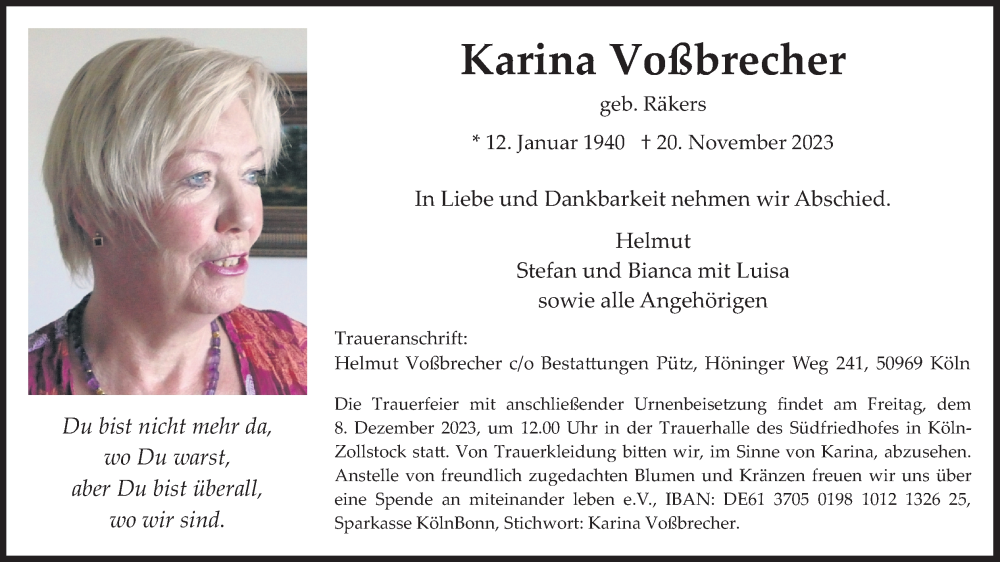  Traueranzeige für Karina Voßbrecher vom 02.12.2023 aus Kölner Stadt-Anzeiger / Kölnische Rundschau / Express