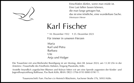 Anzeige von Karl Fischer von Kölner Stadt-Anzeiger / Kölnische Rundschau / Express