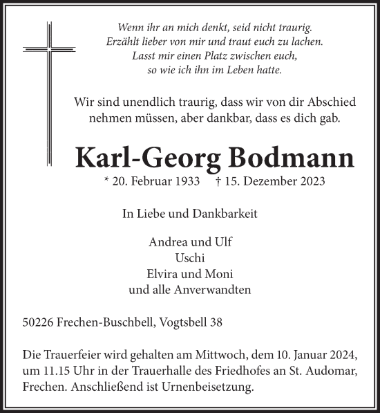 Anzeige von Karl-Georg Bodmann von  Wochenende 