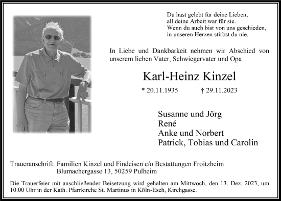 Anzeige von Karl-Heinz Kinzel von  Wochenende 