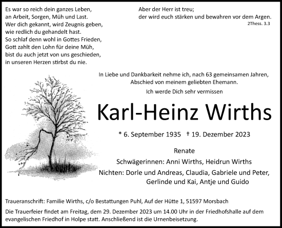 Anzeige von Karl-Heinz Wirths von Kölner Stadt-Anzeiger / Kölnische Rundschau / Express