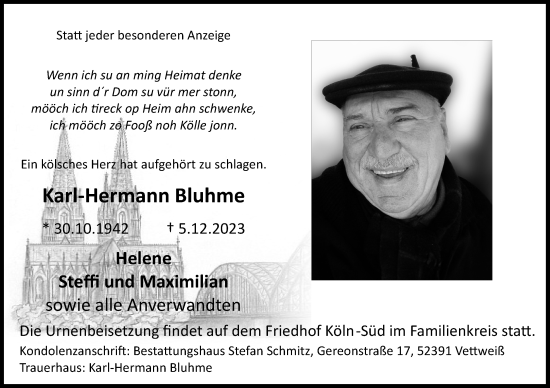 Anzeige von Karl-Hermann Bluhme von Kölner Stadt-Anzeiger / Kölnische Rundschau / Express