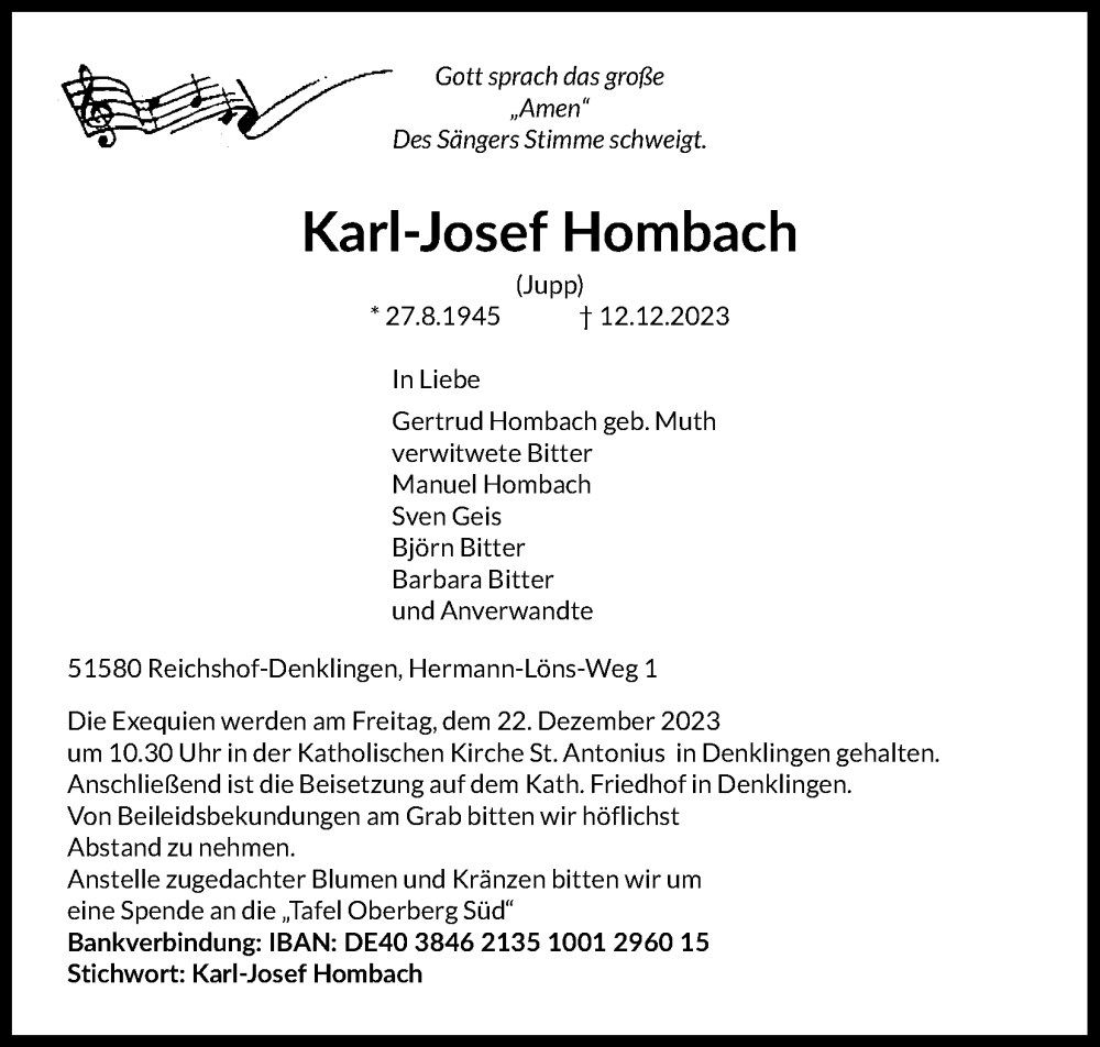  Traueranzeige für Karl-Josef Hombach vom 19.12.2023 aus Kölner Stadt-Anzeiger / Kölnische Rundschau / Express