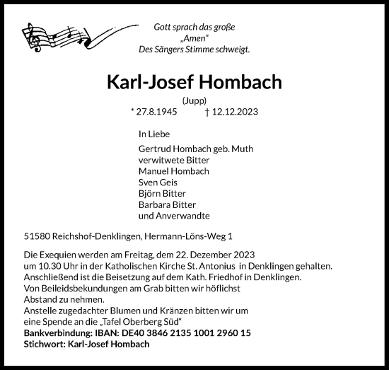 Anzeige von Karl-Josef Hombach von Kölner Stadt-Anzeiger / Kölnische Rundschau / Express