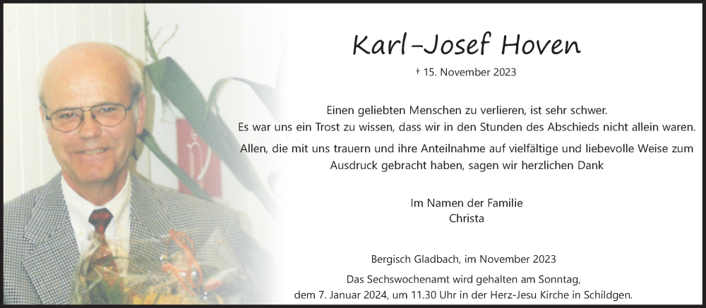  Traueranzeige für Karl-Josef Hoven vom 23.12.2023 aus Kölner Stadt-Anzeiger / Kölnische Rundschau / Express