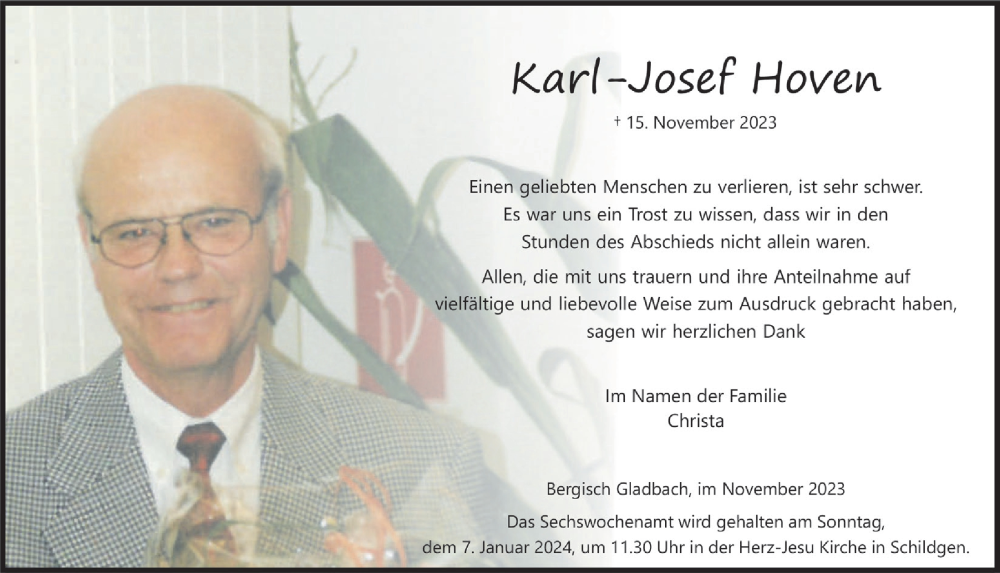  Traueranzeige für Karl-Josef Hoven vom 22.12.2023 aus  Bergisches Handelsblatt 