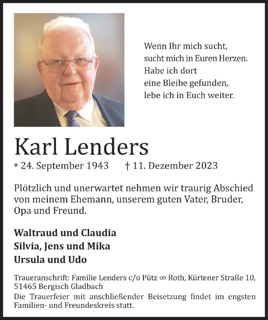 Anzeige von Karl Lenders von  Bergisches Handelsblatt 