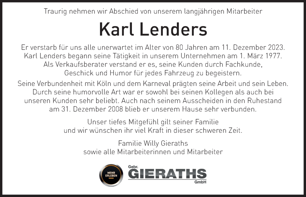  Traueranzeige für Karl Lenders vom 22.12.2023 aus  Bergisches Handelsblatt 