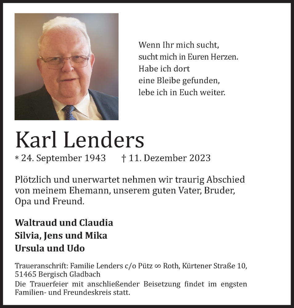  Traueranzeige für Karl Lenders vom 23.12.2023 aus Kölner Stadt-Anzeiger / Kölnische Rundschau / Express