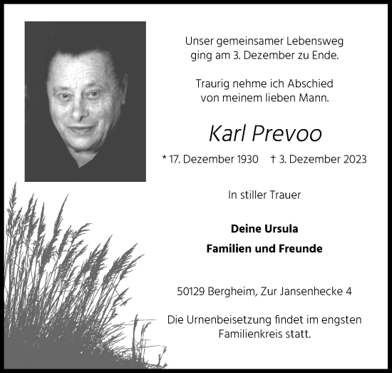 Anzeige von Karl Prevoo von Kölner Stadt-Anzeiger / Kölnische Rundschau / Express