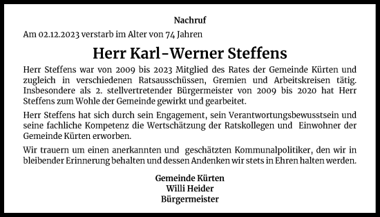 Anzeige von Karl-Werner Steffens von Kölner Stadt-Anzeiger / Kölnische Rundschau / Express