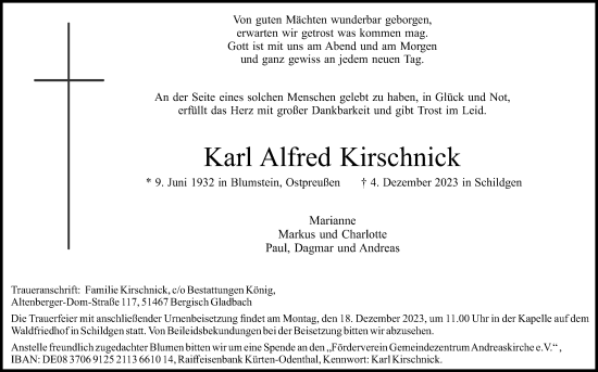 Anzeige von Karl Alfred Kirschnick von Kölner Stadt-Anzeiger / Kölnische Rundschau / Express