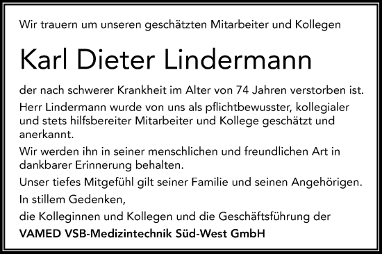 Anzeige von Karl Dieter Lindermann von Kölner Stadt-Anzeiger / Kölnische Rundschau / Express