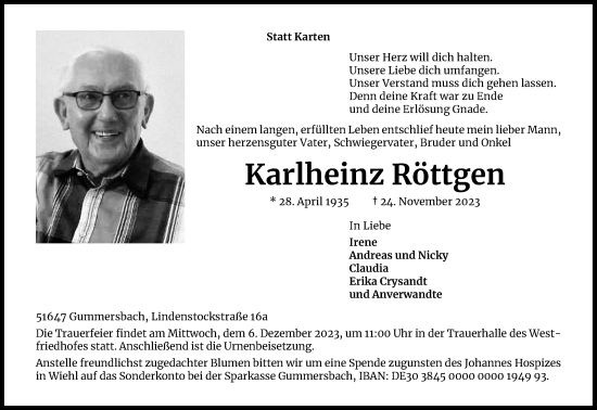 Anzeige von Karlheinz Röttgen von Kölner Stadt-Anzeiger / Kölnische Rundschau / Express