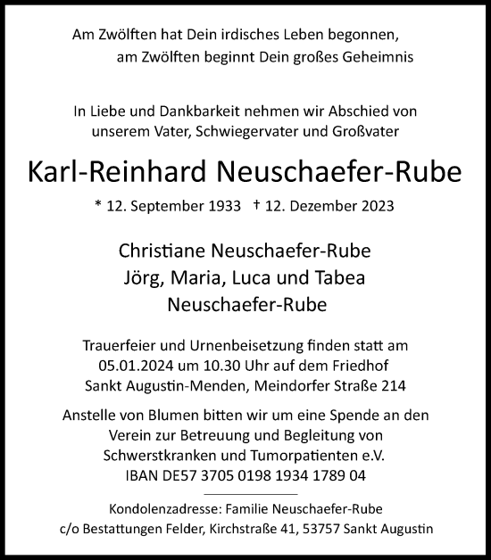 Anzeige von Karl Reinhard Neuschaefer-Rube von Kölner Stadt-Anzeiger / Kölnische Rundschau / Express