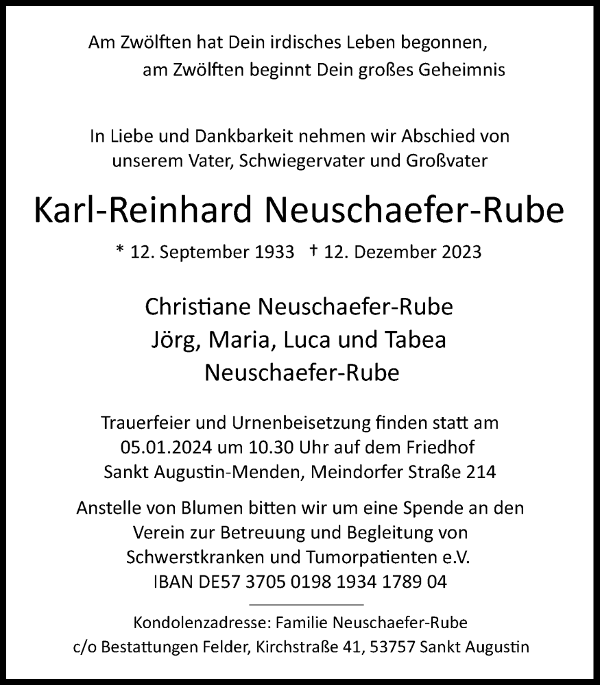  Traueranzeige für Karl Reinhard Neuschaefer-Rube vom 23.12.2023 aus Kölner Stadt-Anzeiger / Kölnische Rundschau / Express