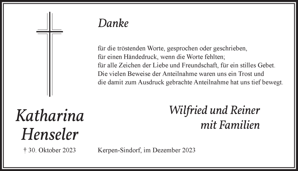  Traueranzeige für Katharina Henseler vom 15.12.2023 aus  Werbepost 