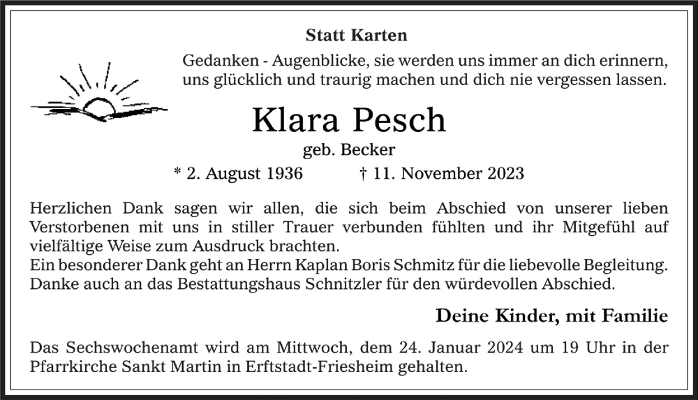  Traueranzeige für Klara Pesch vom 22.12.2023 aus  Werbepost 