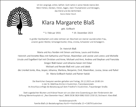 Anzeige von Klara Margarete Blaß von Kölner Stadt-Anzeiger / Kölnische Rundschau / Express