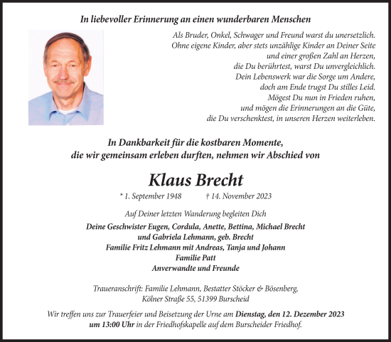 Anzeige von Klaus Brecht von Kölner Stadt-Anzeiger / Kölnische Rundschau / Express