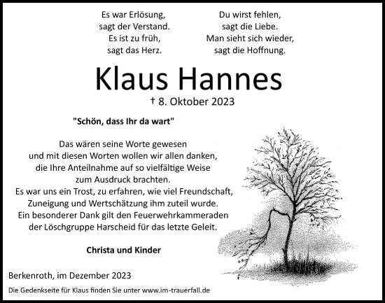 Anzeige von Klaus Hannes von  Lokalanzeiger 