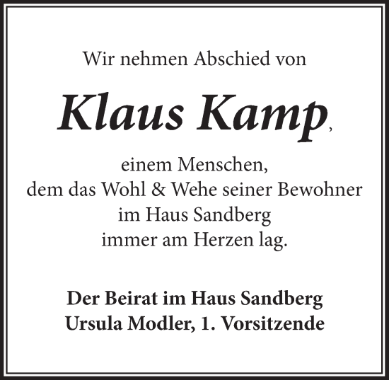 Anzeige von Klaus Kamp von  Werbepost 