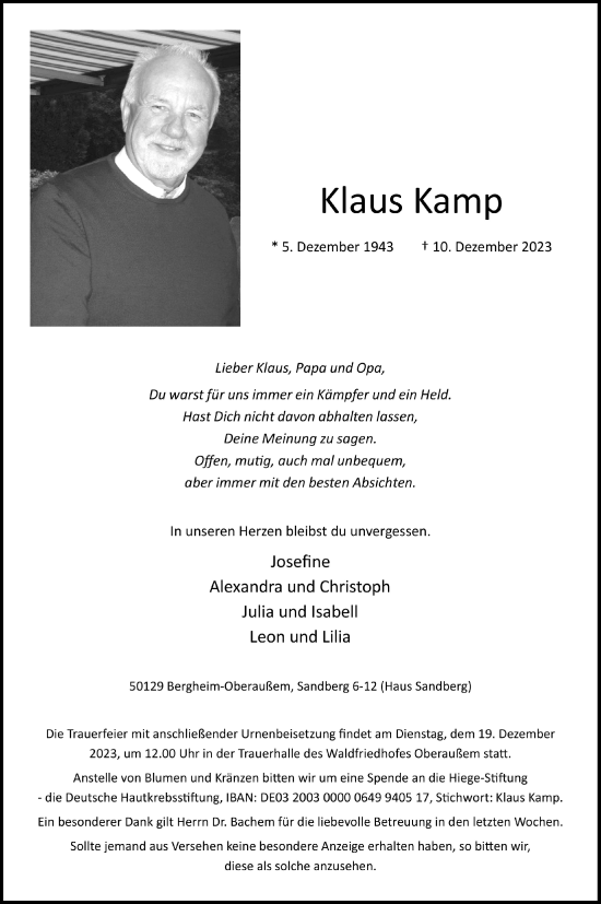 Anzeige von Klaus Kamp von  Werbepost 