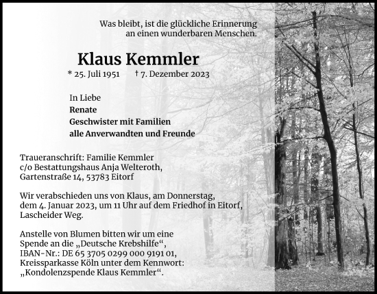 Anzeige von Klaus Kemmler von Kölner Stadt-Anzeiger / Kölnische Rundschau / Express