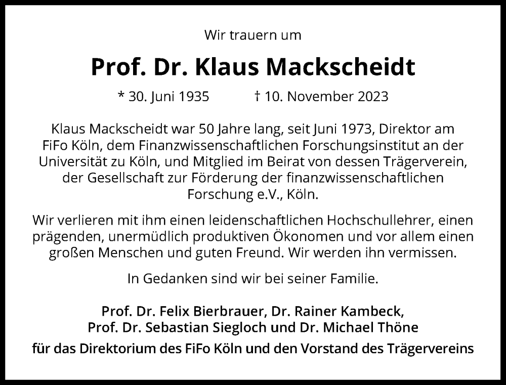  Traueranzeige für Klaus Mackscheidt vom 23.12.2023 aus Kölner Stadt-Anzeiger / Kölnische Rundschau / Express