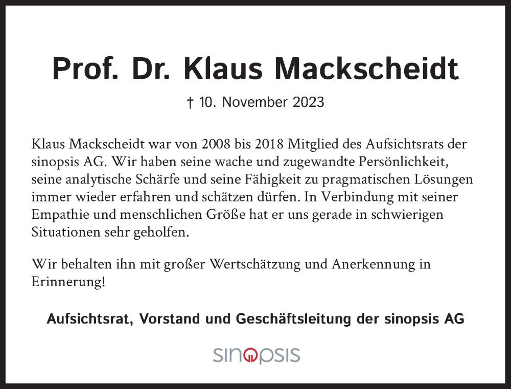  Traueranzeige für Klaus Mackscheidt vom 23.12.2023 aus Kölner Stadt-Anzeiger / Kölnische Rundschau / Express