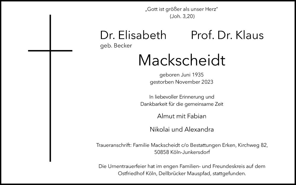  Traueranzeige für Klaus Mackscheidt vom 23.12.2023 aus Kölner Stadt-Anzeiger / Kölnische Rundschau / Express