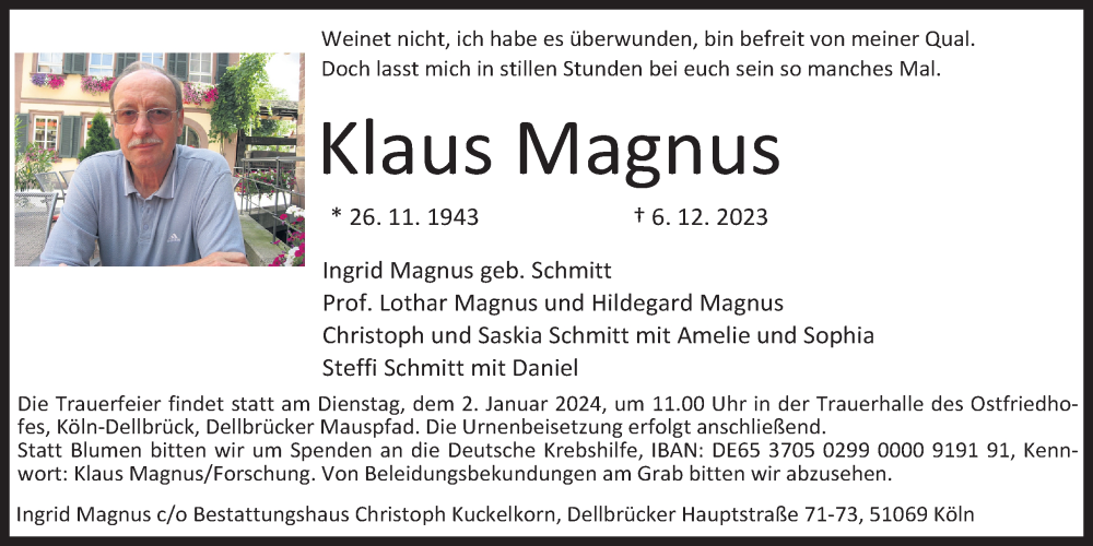  Traueranzeige für Klaus Magnus vom 23.12.2023 aus Kölner Stadt-Anzeiger / Kölnische Rundschau / Express