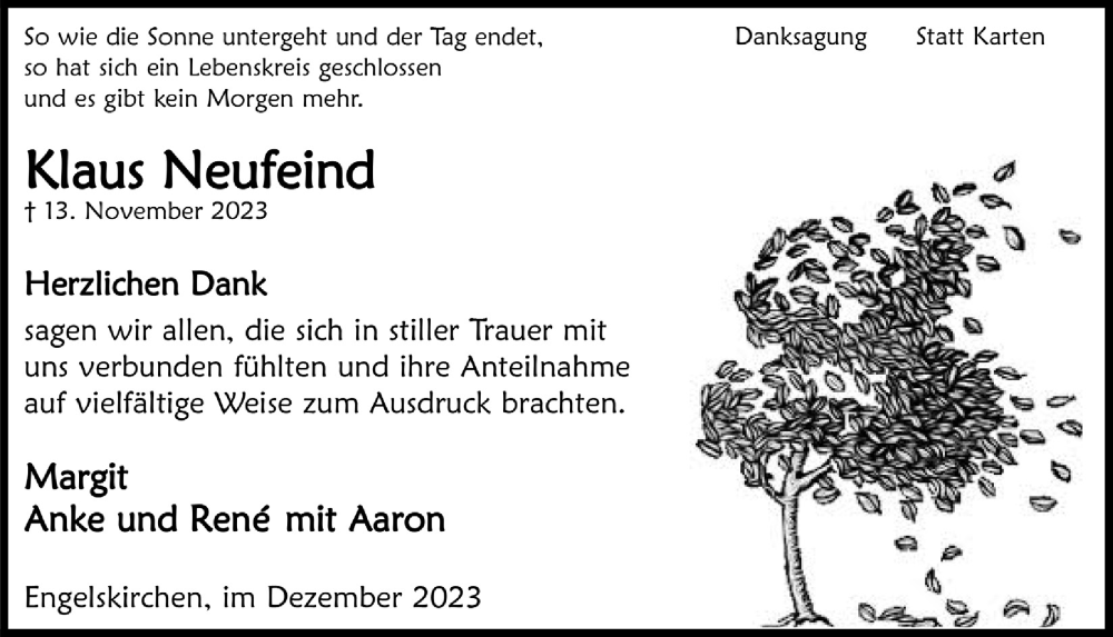  Traueranzeige für Klaus Neufeind vom 15.12.2023 aus  Anzeigen Echo 