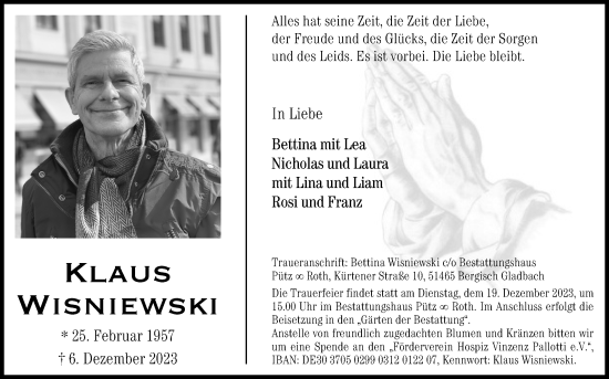Anzeige von Klaus Wisniewski von Kölner Stadt-Anzeiger / Kölnische Rundschau / Express