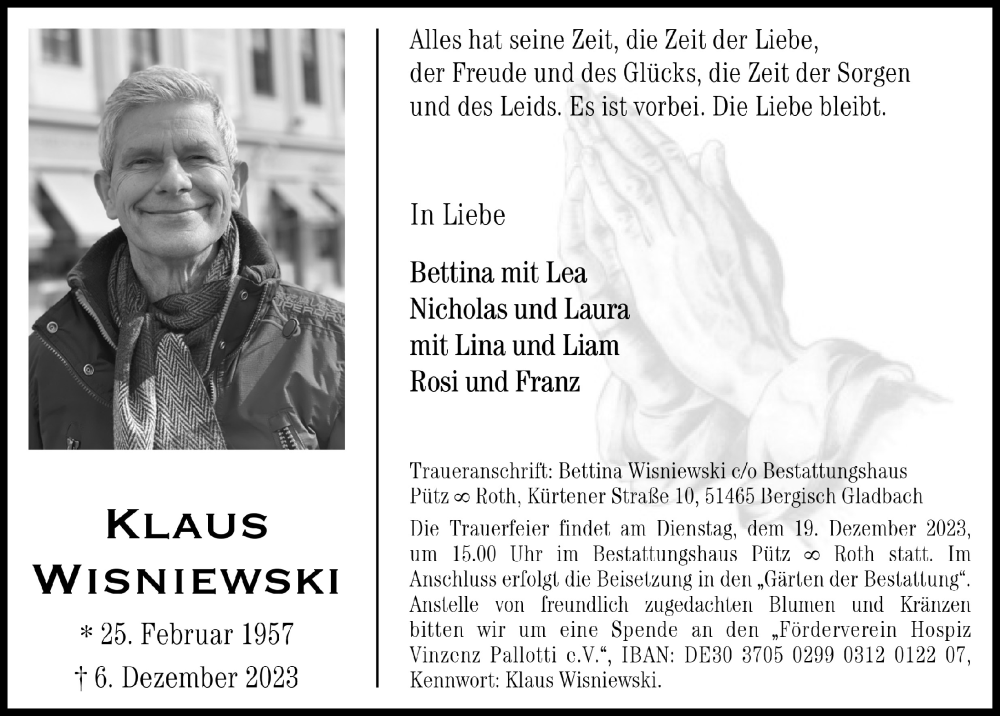  Traueranzeige für Klaus Wisniewski vom 15.12.2023 aus  Bergisches Handelsblatt 