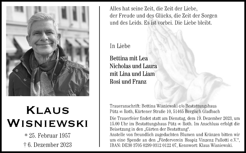  Traueranzeige für Klaus Wisniewski vom 13.12.2023 aus Kölner Stadt-Anzeiger / Kölnische Rundschau / Express