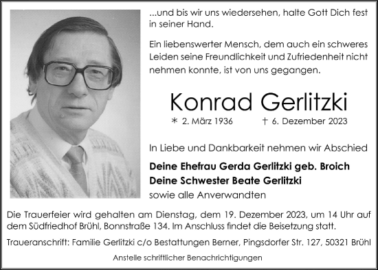 Anzeige von Konrad Gerlitzki von  Schlossbote/Werbekurier 