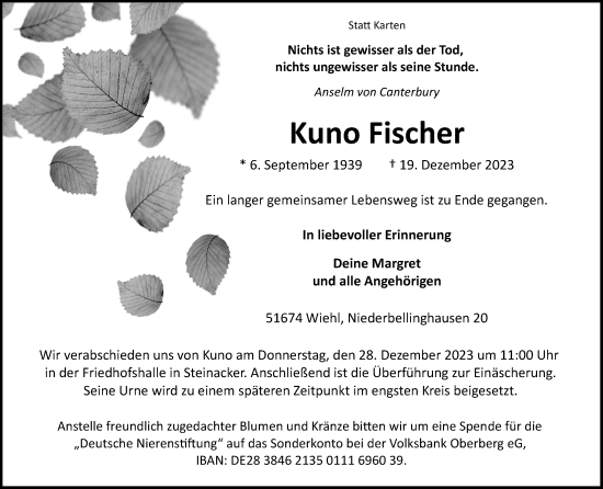 Anzeige von Kuno Fischer von Kölner Stadt-Anzeiger / Kölnische Rundschau / Express