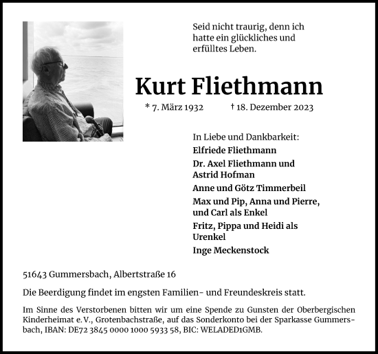 Anzeige von Kurt Fliethmann von Kölner Stadt-Anzeiger / Kölnische Rundschau / Express