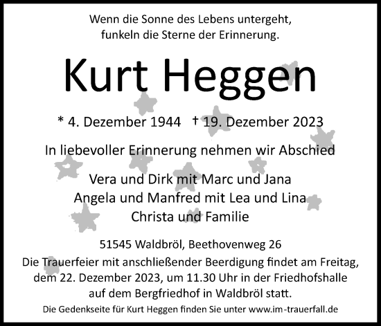 Anzeige von Kurt Heggen von Kölner Stadt-Anzeiger / Kölnische Rundschau / Express