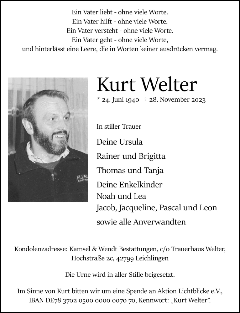  Traueranzeige für Kurt Welter vom 15.12.2023 aus  EXPRESS - Die Woche 
