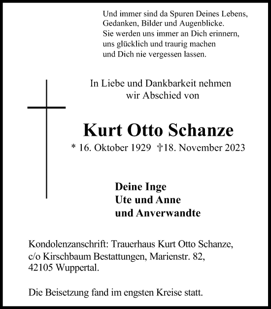 Anzeige von Kurt Otto Schanze von Kölner Stadt-Anzeiger / Kölnische Rundschau / Express