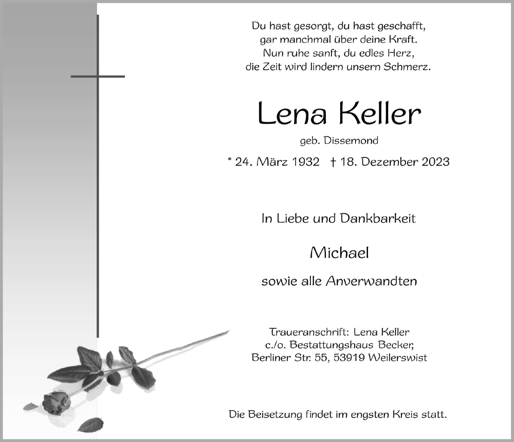  Traueranzeige für Lena Keller vom 23.12.2023 aus  Blickpunkt Euskirchen 