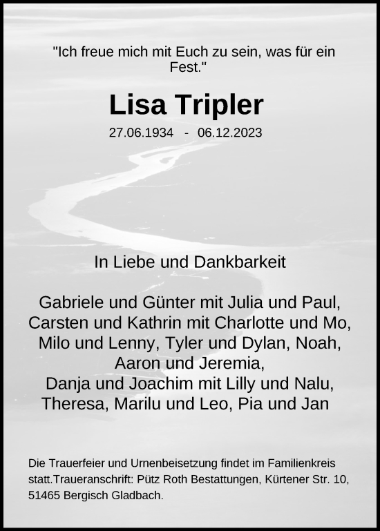 Anzeige von Lisa Tripler von Kölner Stadt-Anzeiger / Kölnische Rundschau / Express