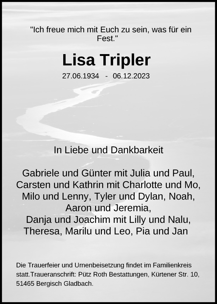  Traueranzeige für Lisa Tripler vom 16.12.2023 aus Kölner Stadt-Anzeiger / Kölnische Rundschau / Express
