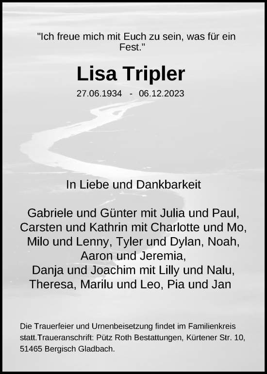 Anzeige von Lisa Tripler von Kölner Stadt-Anzeiger / Kölnische Rundschau / Express