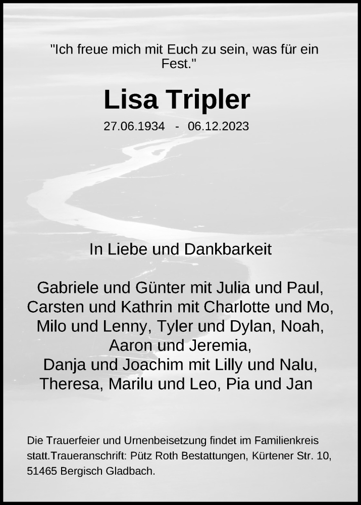  Traueranzeige für Lisa Tripler vom 16.12.2023 aus Kölner Stadt-Anzeiger / Kölnische Rundschau / Express