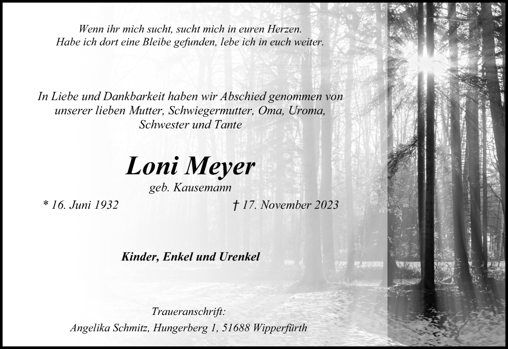  Traueranzeige für Loni Meyer vom 02.12.2023 aus Kölner Stadt-Anzeiger / Kölnische Rundschau / Express